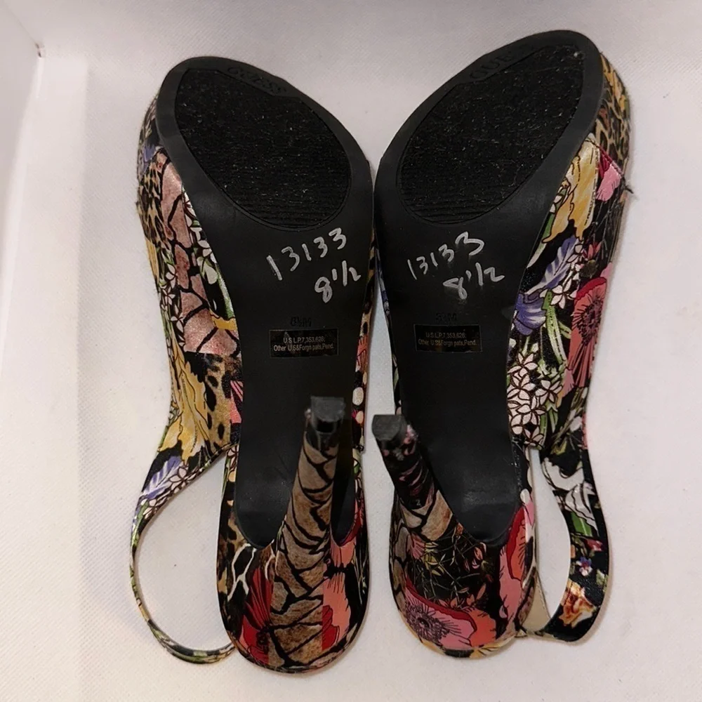 Guess Floral Animal Print Slingback Peep Toe Platform Heel Size 8.5M - EUC